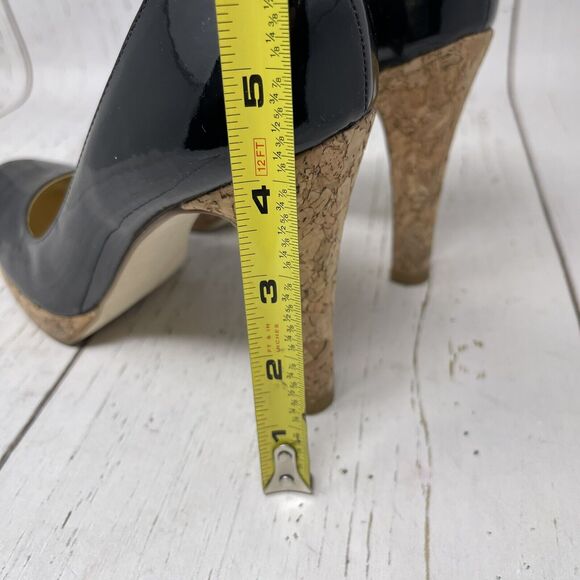 Jessica Simpson Leather Pumps Size 8.5 Black Cork High Heel Made In Brazil - Picture 10 of 12